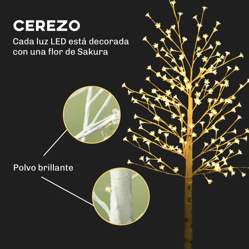 HOMCOM Árbol Sintético con 180 Luces LED IP44 con Brillo Ajustable Decoración para Interiores 21,5x21,5x180 cm Blanco