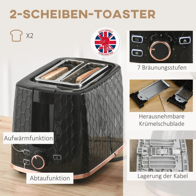 HOMCOM Waterkoker- en toaster-set, 1,7 L, verschillende modi, LED-indicatoren, Zwart