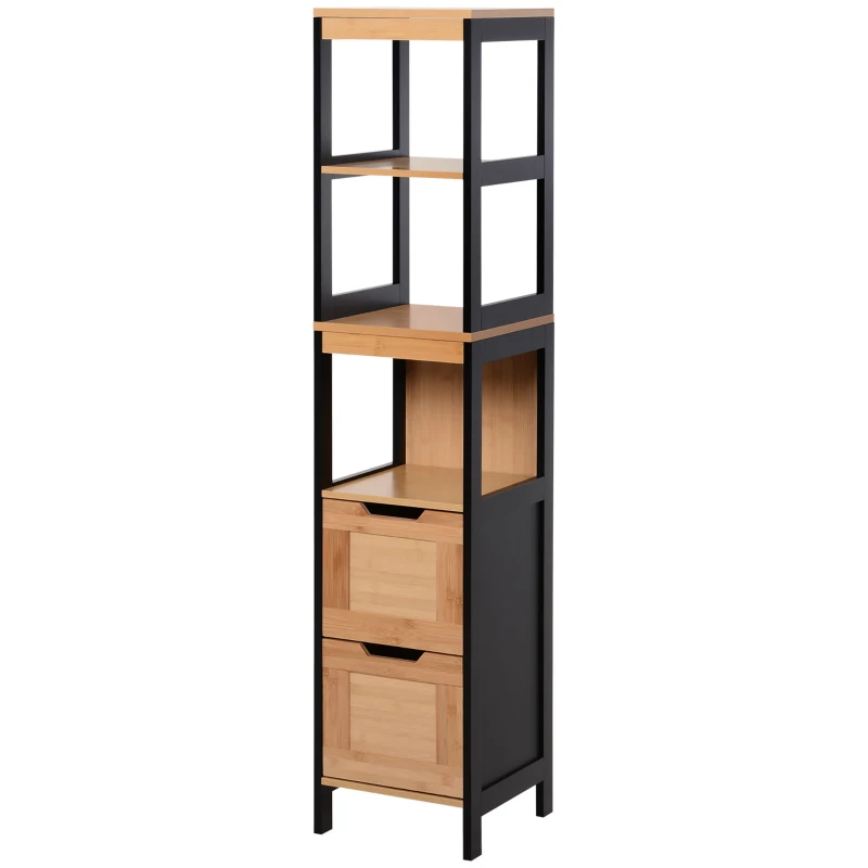 kleankin Armario Alto para Baño con 3 Estantes y 2 Cajones Estilo Moderno 30x30x142,5 cm Negro y Natural