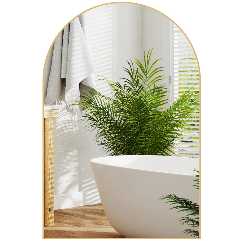 HOMCOM Miroir mural arqué miroir de salle de bain avec cadre en alliage d'aluminium pour chambre salon entrée 60 × 90 cm or