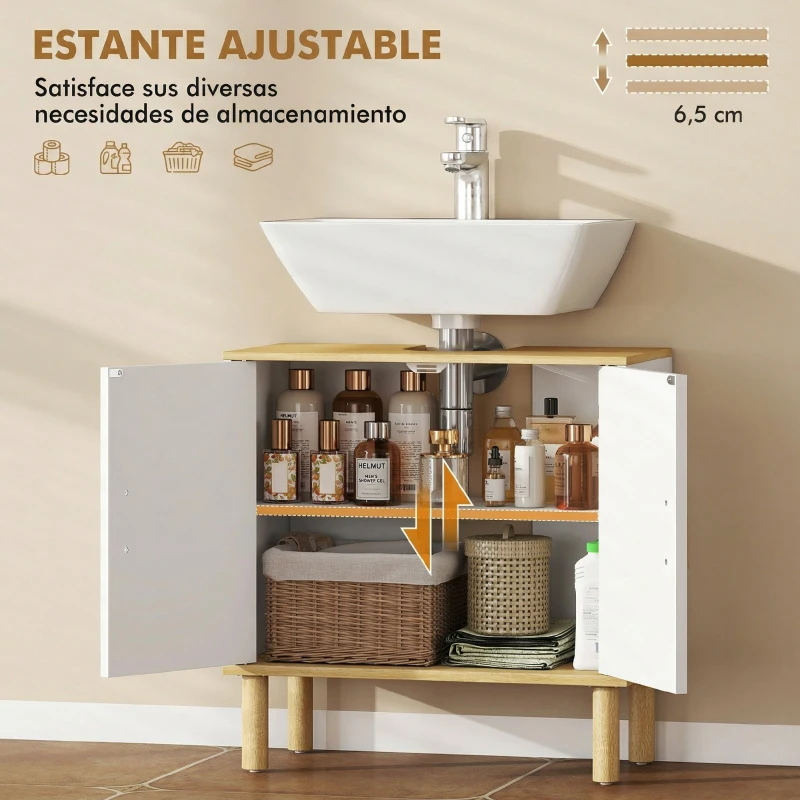 HOMCOM Mueble Bajo Lavabo con Estante Ajustable Armario para Lavabo sin Pedestal con Puertas Acanaladas 60x30x61 cm Blanco