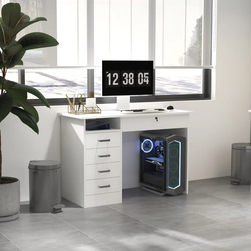 HOMCOM Scrivania Moderna con 5 Cassetti e Scomparto Aperto con Serratura e 2 Chiavi, 110x50x76cm, Bianco
