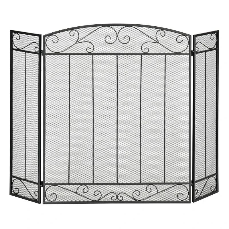 HOMCOM Grille de Protection pour cheminée - Pare-feu Large pour cheminée ou poêle - Pare-étincelles - barrière de sécurité - 3 Volets Pliables - Acier métal Noir