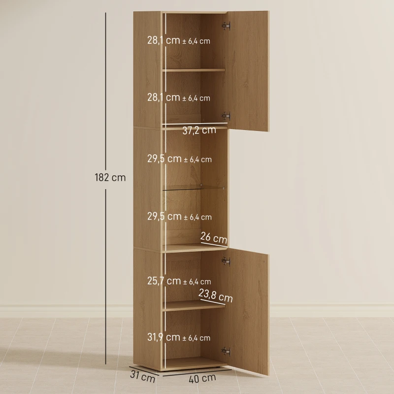 HOMCOM Armario de Baño Alto de 6 Niveles con 2 Puertas Estante de Vidrio Templado Estantes Ajustables 40x31x182 cm Roble