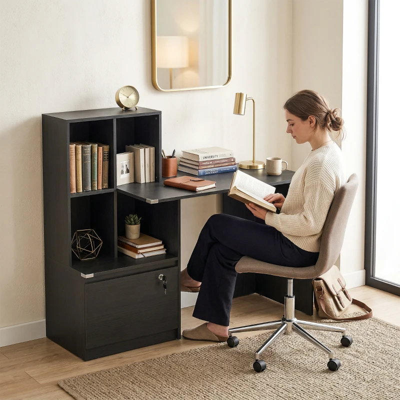 HOMCOM Bureau d'ordinateur avec bibliothèque 4 compartiments et tiroir verrouillable, 126 x 50 x 109 cm, noir