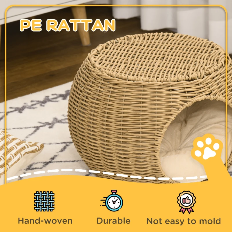 PawHut Kattenhuis kattenmand kattenhol 2 verdiepingen van gevlochten kunsthars-rattanimitatie met 1 zacht kussen Ø 40 x 30 cm Lichtbruin
