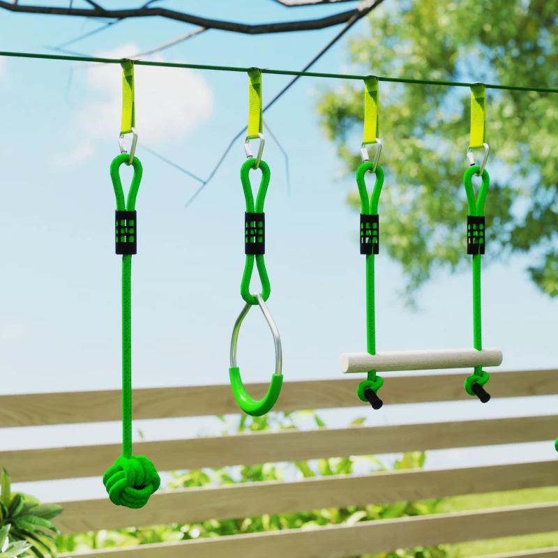 AIYAPLAY Parcours d'obstacles Ninja pour enfants 10 M kit de tyrolienne complet 7 pièces charge 50 kg, installation facile, vert