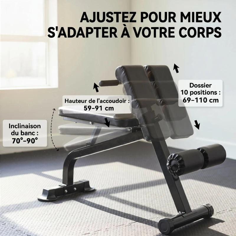 SPORTNOW Banc de Musculation Pliable avec Hauteur et Inclinaison Réglables pour Entraînement Dos Bras, 96,6x68x69-110cm, Noir