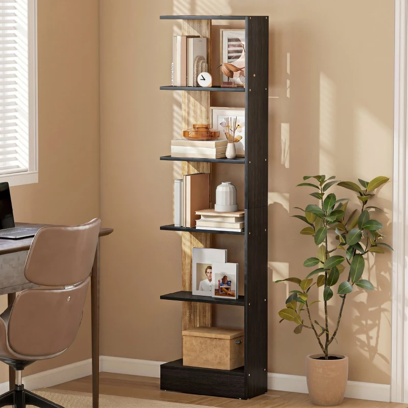 HOMCOM Estantería de 5 Niveles Librería Estrecha para Espacios Pequeños 45x21x170 cm Negro y Roble