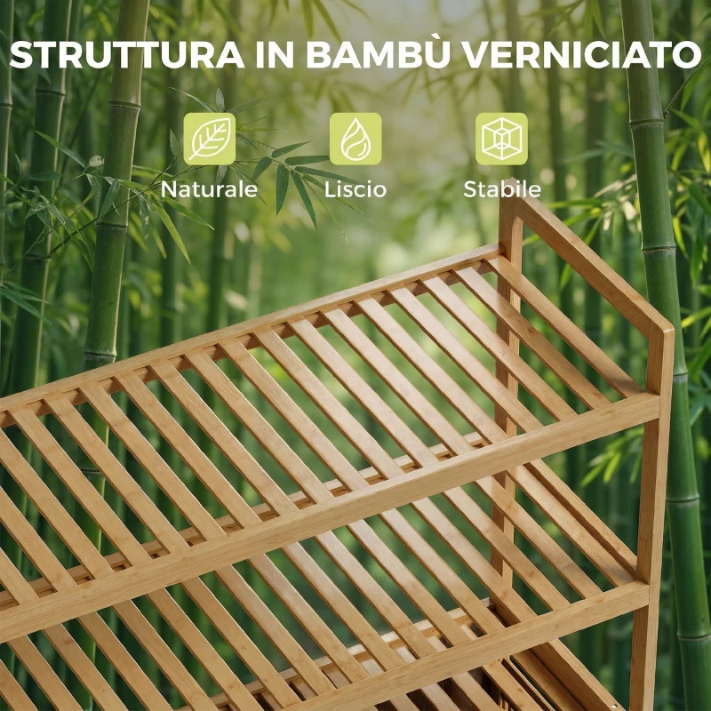 HOMCOM Mobile Porta Biancheria Doppio Inclinabile, Bambù, 2 Cesti, 3 Ripiani, Colore Rovere
