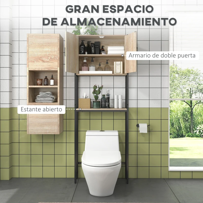 kleankin Mueble sobre Inodoro con 2 Puertas Estante Ajustable Estante Abierto para Espacio Pequeño 64x19x178 cm Natural