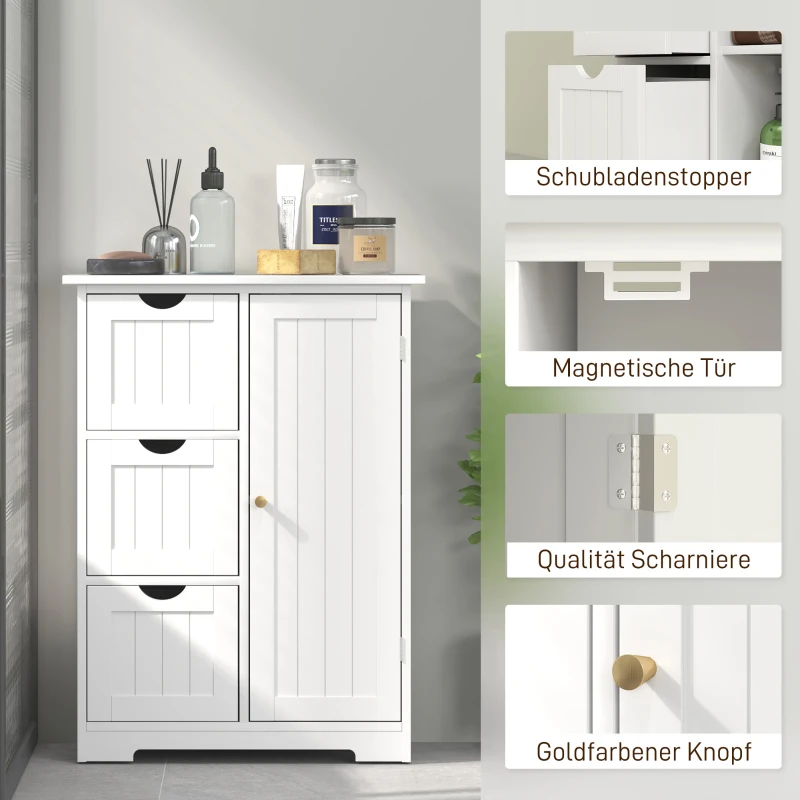 HOMCOM Badkamerkast, Badkamercommode, 3 Laden, Schap, MDF, Wit