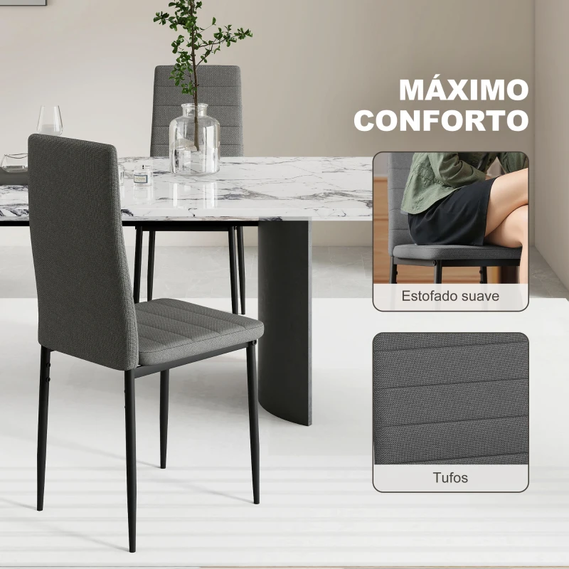 HOMCOM Conjunto de 6 Cadeiras de Sala de Jantar Estofadas em Linho e Pés de Metal para Cozinha Carga Máxima 120kg 41x50x97 cm Cinza
