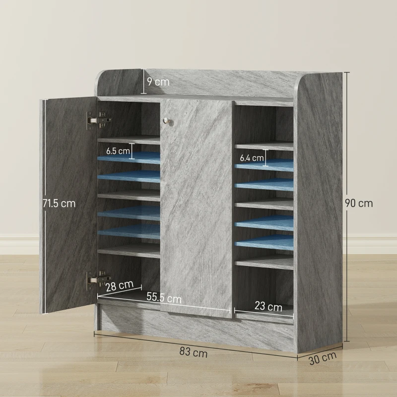 HOMCOM Dulap Modern pentru Pantofi din Lemn cu 4 Rafturi Deschise și Dulap pentru 12 Perechi, 83x30x90 cm, Gri Ciment