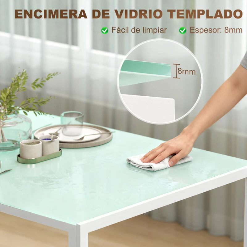 HOMCOM Mesa de Comedor de Cristal Rectangular para 6 Personas con Patas de Metal para Cocina Salón 140x80x75 cm Blanco