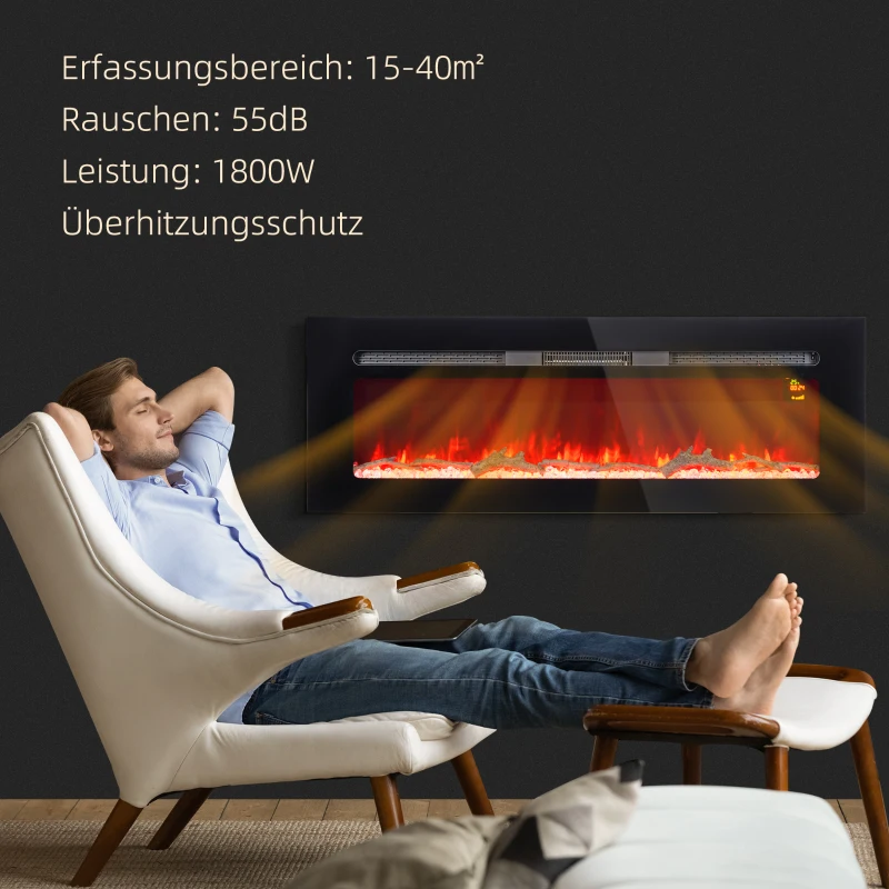 HOMCOM Elektrische Haard met Wandmontage en Afstandsbediening, Kunstmatige Houtblokken en Kristallen, 1800W Vermogen, Zwart(m-6)
