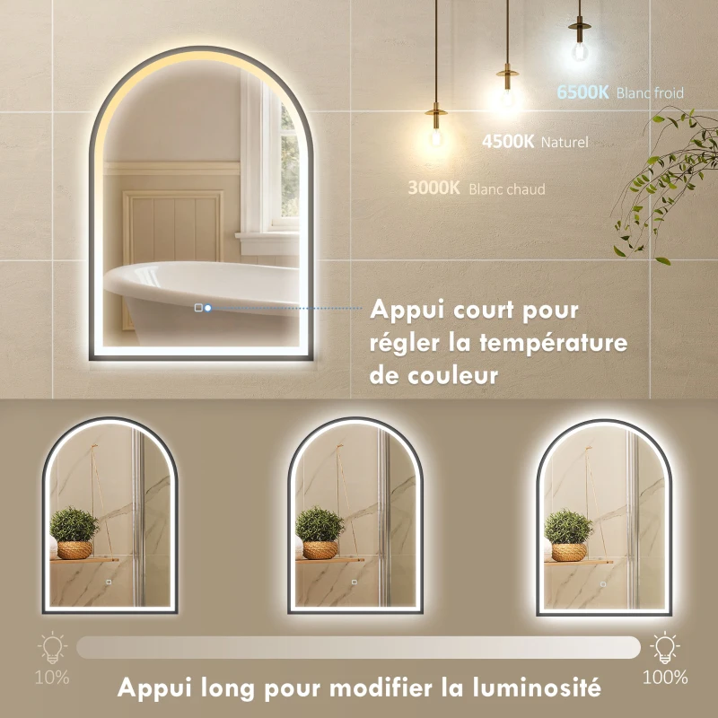 HOMCOM Miroir salle de bain avec éclairage 50 x 70 cm, miroir LED arqué, anti-buée, 3 couleurs lumière, dimmable, mémoire, noir