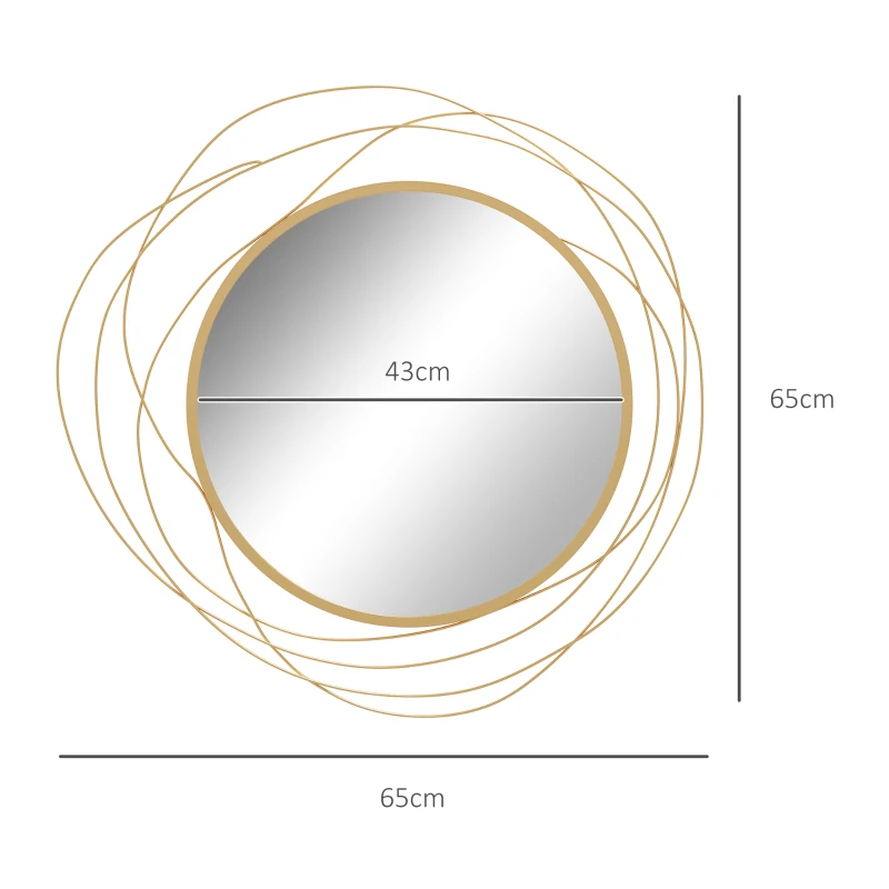 HOMCOM Espelho Decorativo de Parede Adorno de Parede Metálico Ø65 cm com Ganchos para Sala de Estar Quarto Corredor Dourado