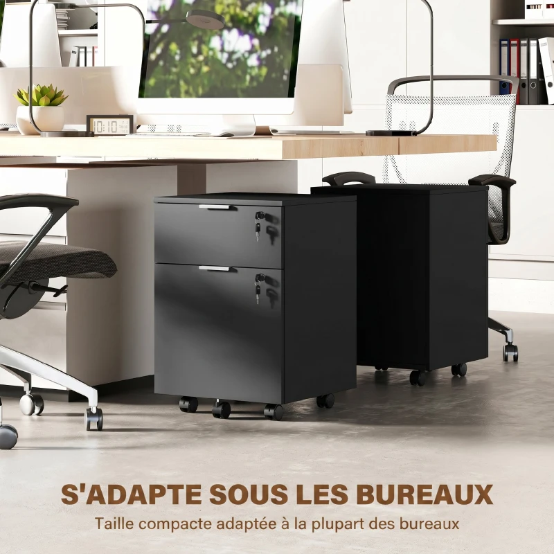 HOMCOM Caisson de bureau, meuble de rangement 2 tiroirs 2 barres pour dossier suspendu, verrouillable avec 2 clés 42x40x60 cm