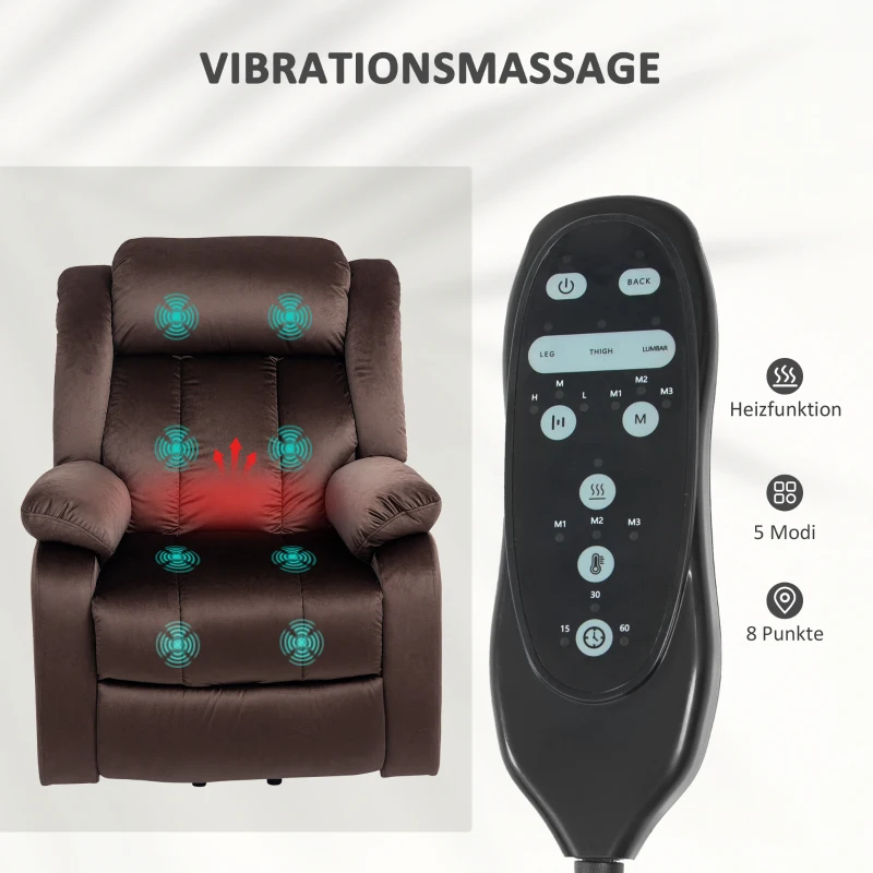 HOMCOM Opsta-fauteuil met massagefunctie en lendenverwarming, relaxfauteuil met afstandsbedieningen en zijzakken, bruin(m-5)