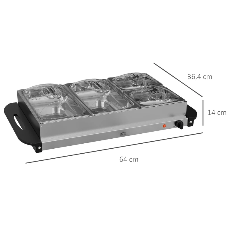 HOMCOM Chauffe-plats électrique acier inoxydable 300 W capacité 2 x 2,4 L et 2 x 1 L plaque chauffante et températur réglable