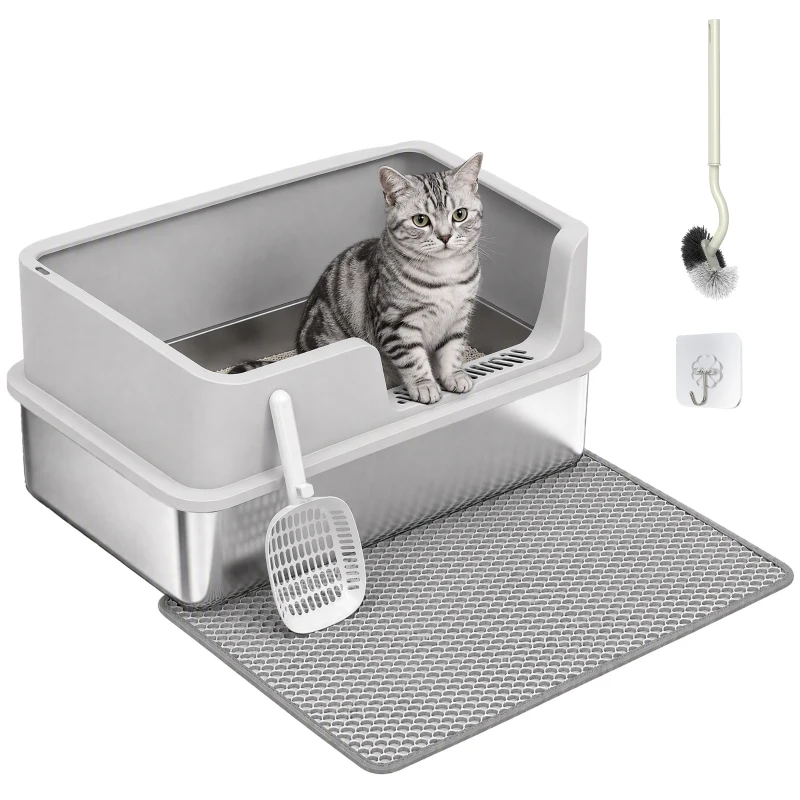 PawHut Bac Litière pour Chat en INOX Couvercle Bords Hauts Pelle et Tapis Anti-Adhérent Anti-Odeurs 60x40x30cm Gris Clair