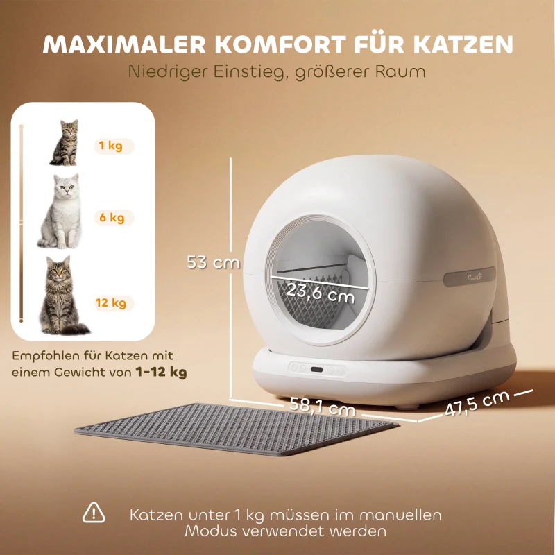 PawHut Zelfreinigende kattenbak XL 72L met HD-camera, app-bediening en afvalzak, voor katten van 1-12 kg