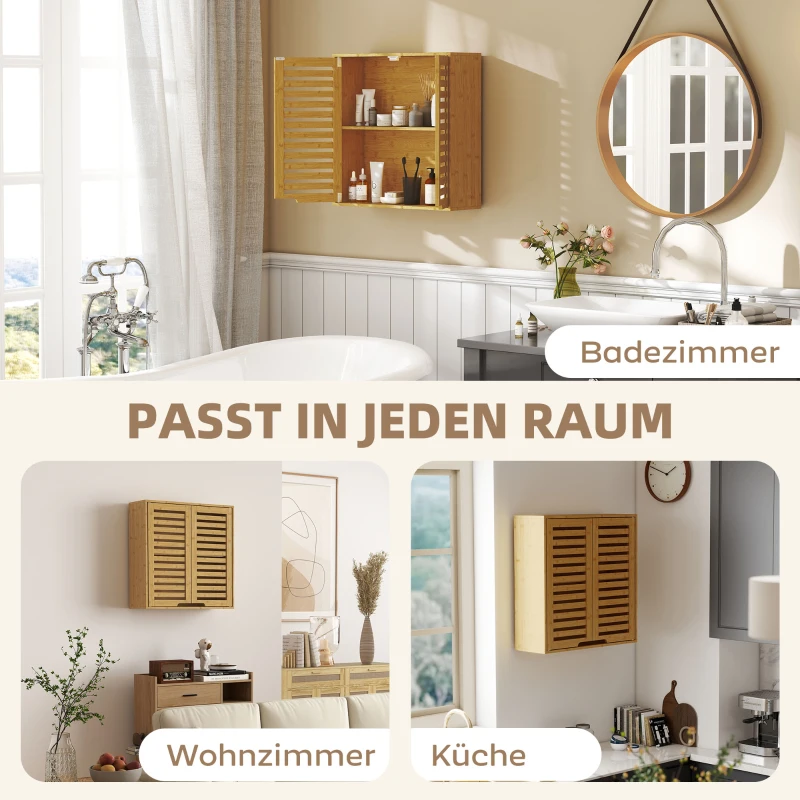 HOMCOM Badkamerwandkast Hangkast van bamboe met ademende lameldeuren, verstelbare plank 60 x 20 x 60 cm Natuurhout
