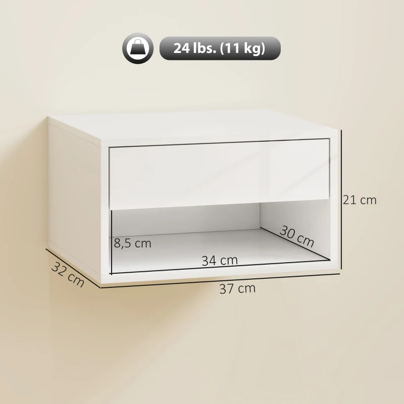 HOMCOM Juego de 2 Mesitas de Noche Flotantes Mesillas de Noche con Cajón y Estante Abierto 37x32x21 cm Blanco Brillante