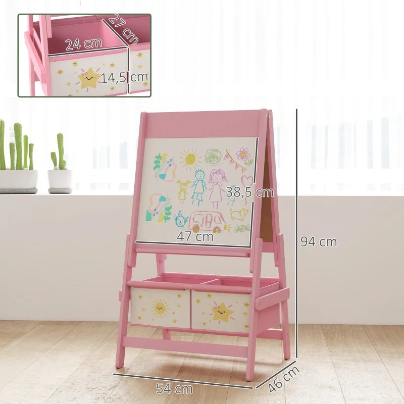 AIYAPLAY Kinder Ezel 3-in-1 Kindertafel met Krijtbord, Whiteboard, Papierrol en 2 Opbergmanden, voor 3-8 Jaar, Roze