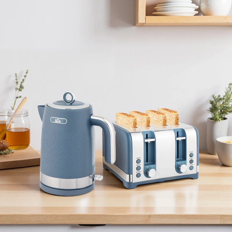 HOMCOM Sleek Textured Kettle and Four-Slice Toaster Set - Blue