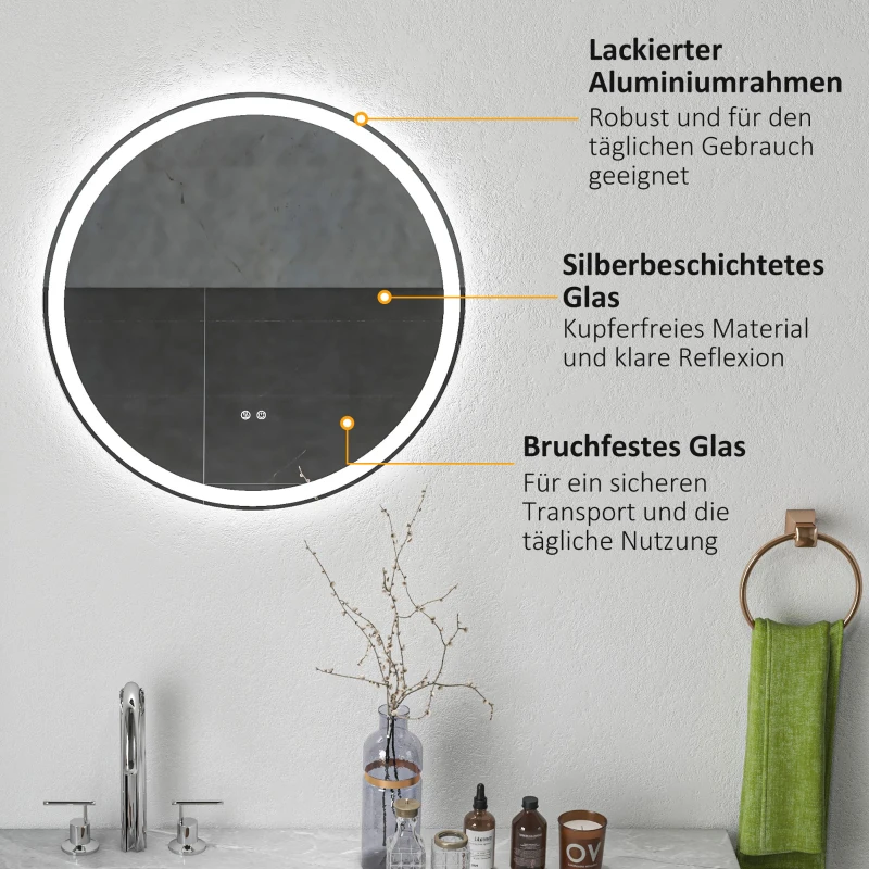 kleankin LED-badkamerspiegel, rond, aanraakfunctie, geheugenfunctie, beslaan niet, aluminium frame, 60 x 60 cm