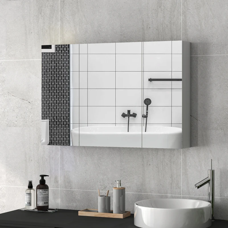 kleankin Armadietto Pensile Bagno con 3 Ante a Specchio e Ripiani Regolabili in Legno 90x13.5x60 cm, Bianco