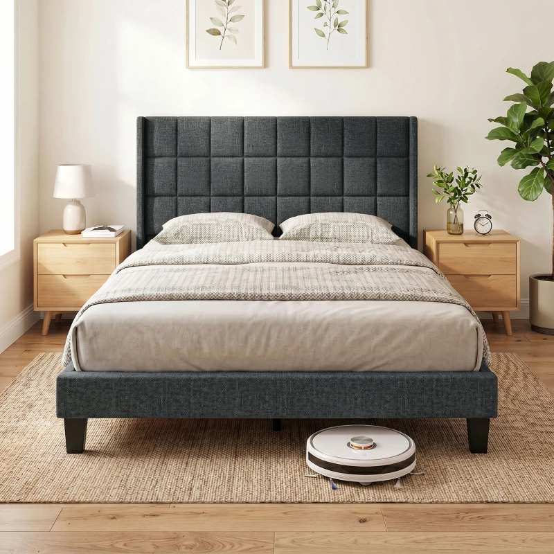 HOMCOM Cama de Casal 135x190 cm com Cabeceira Estofada com Laterais e Arrumação Inferior, Cinzento