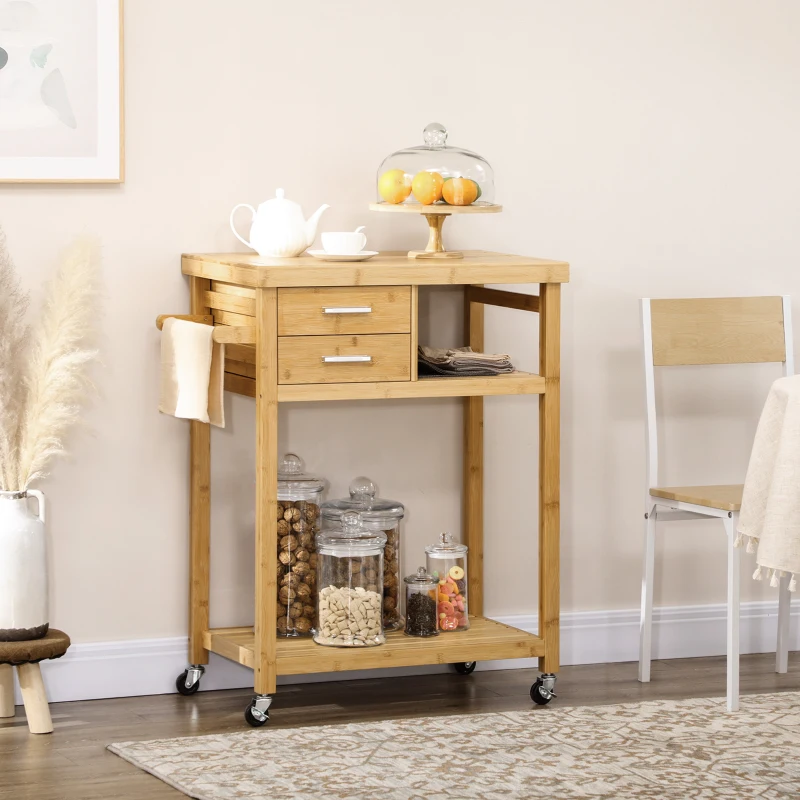 HOMCOM Desserte de cuisine à roulettes chariot de service meuble de rangement pour cuisine en bambou 2 tiroirs 83 x 45 x 96 cm