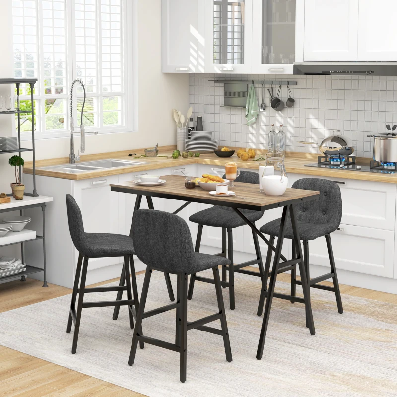 HOMCOM 5-delige bargarnituur, tafel en 4 krukken, knopen, dikke vulling, linnenlook, donkergrijs(m-2)