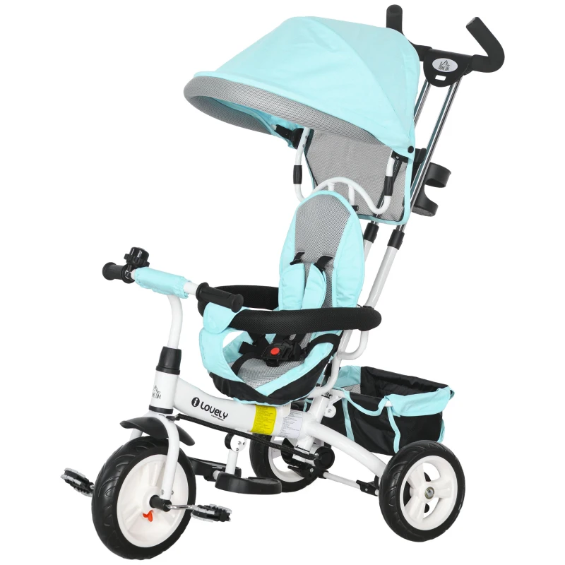 HOMCOM 6-in-1 Kinderdriewieler met Duwstang, Zonnedak, Veiligheidsgordel, Opbergmand, voor Kinderen van 1-5 Jaar, Groen