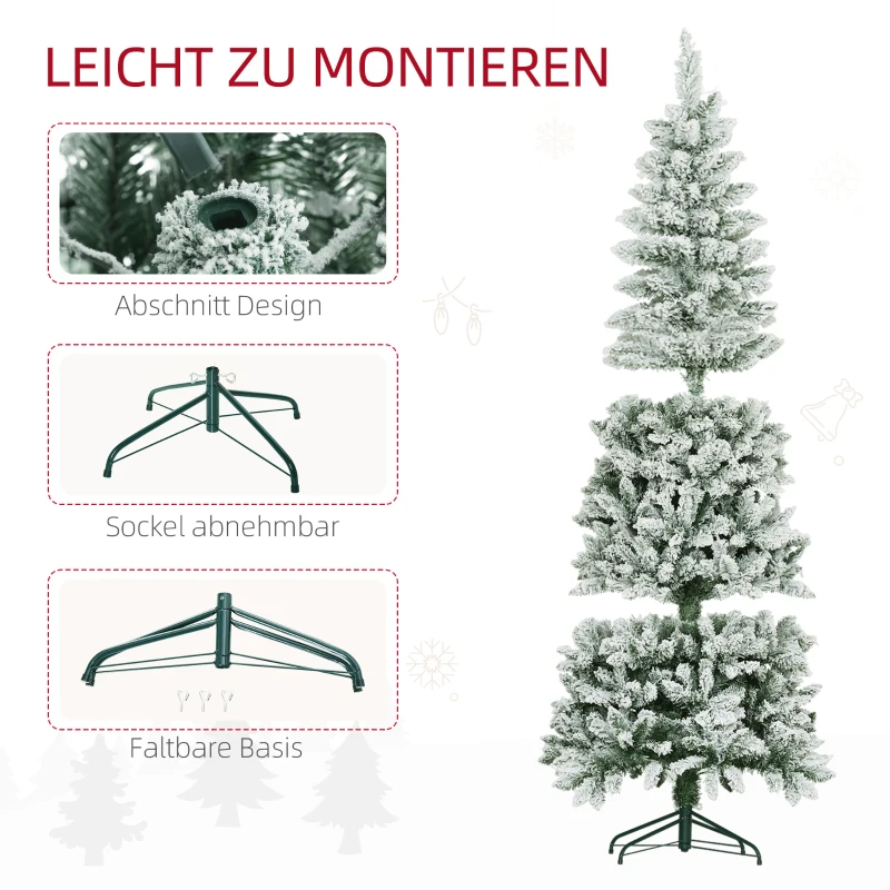 HOMCOM Kunstkerstboom, Slanke Vorm, Kunstmatige Sneeuw, Driedelig, Vlamvertragend, Metalen Voet, 180 cm, Groen