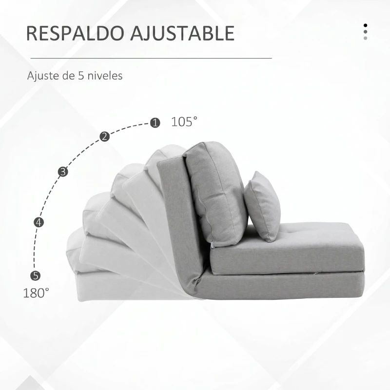 HOMCOM Sofá Cama Individual Plegable Sofá Cama Tapizado en Lino con Respaldo Ajustable 5 Posiciones 1 Almohada Gris Claro