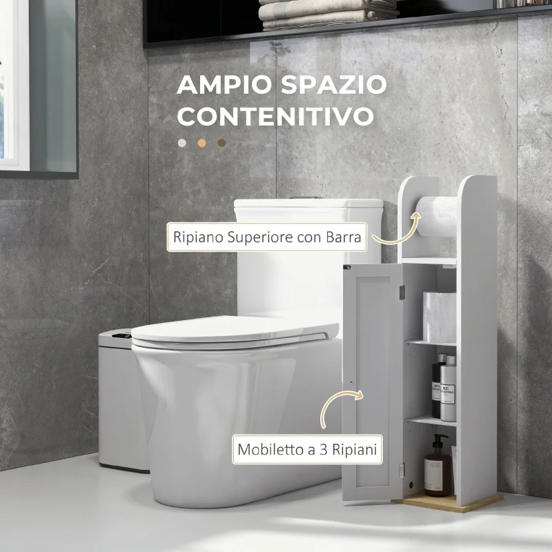 kleankin Mobile Bagno Stretto, Mobiletto Bagno Salvaspazio con Porta Carta Igienica, Ripiani Regolabili, per Lavanderia, Moderno, 20x20x80 cm, Bianco