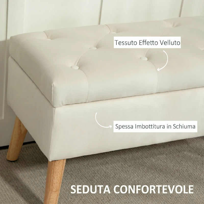 HOMCOM Cassapanca Pouf Contenitore Poggiapiedi 80x35x42 cm in Velluto, Gambe in Legno di Caucciù, Crema