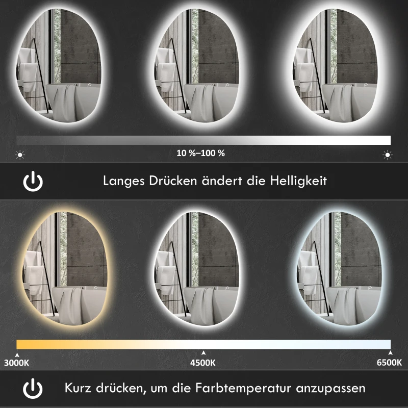 HOMCOM badkamerspiegel met LED-verlichting en instelbare kleur en temperatuur, van gehard glas, 80x5x60 cm, Zilver
