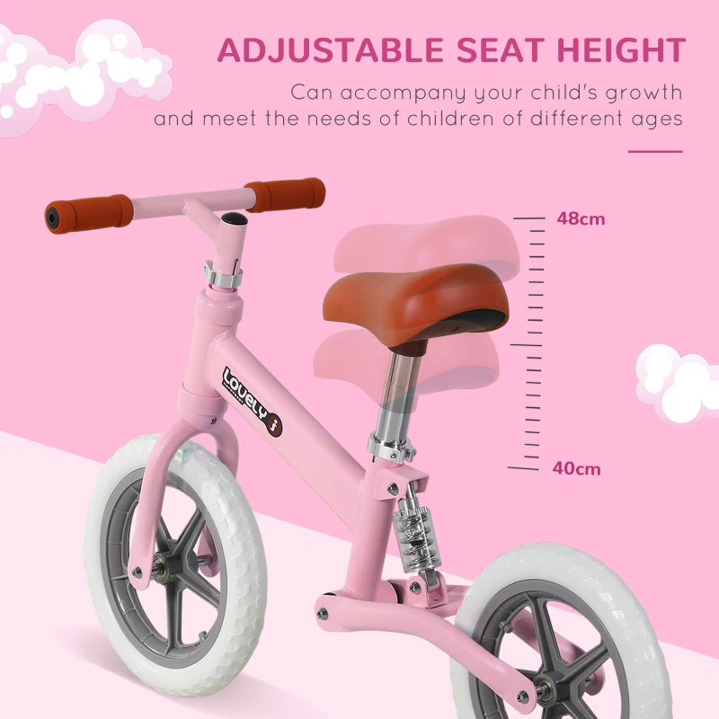 HOMCOM 12" Kids Balance Bike No Pedal Bicycle EVA Tyre Adjustable Seat Toddler Training Bike W/ Shock Absorber 2 - 5 Years Gift for Boys Girls Pink