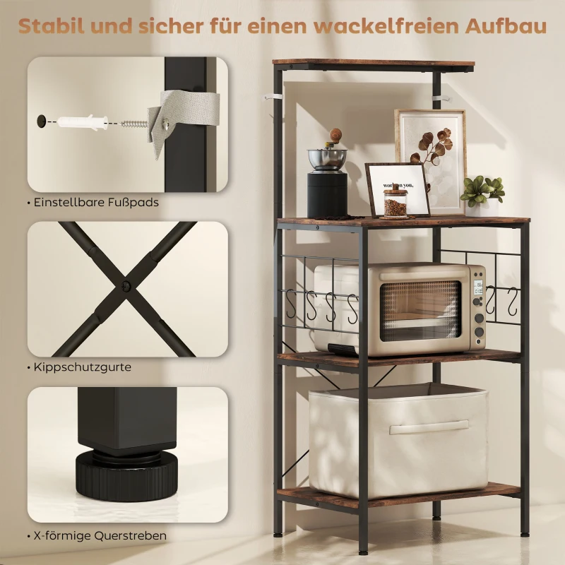 HOMCOM Keukenkast, 4-laags ontwerp, werkblad, 8 haken, metalen buizen, Bruin+Zwart(m-6)