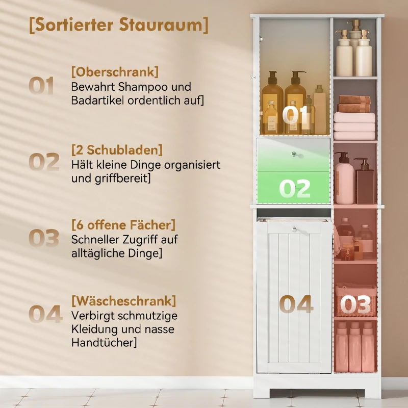 HOMCOM Badkamerkast 171 cm hoog, smalle kast met uitschuifbare wasmand en 2 lades, wit