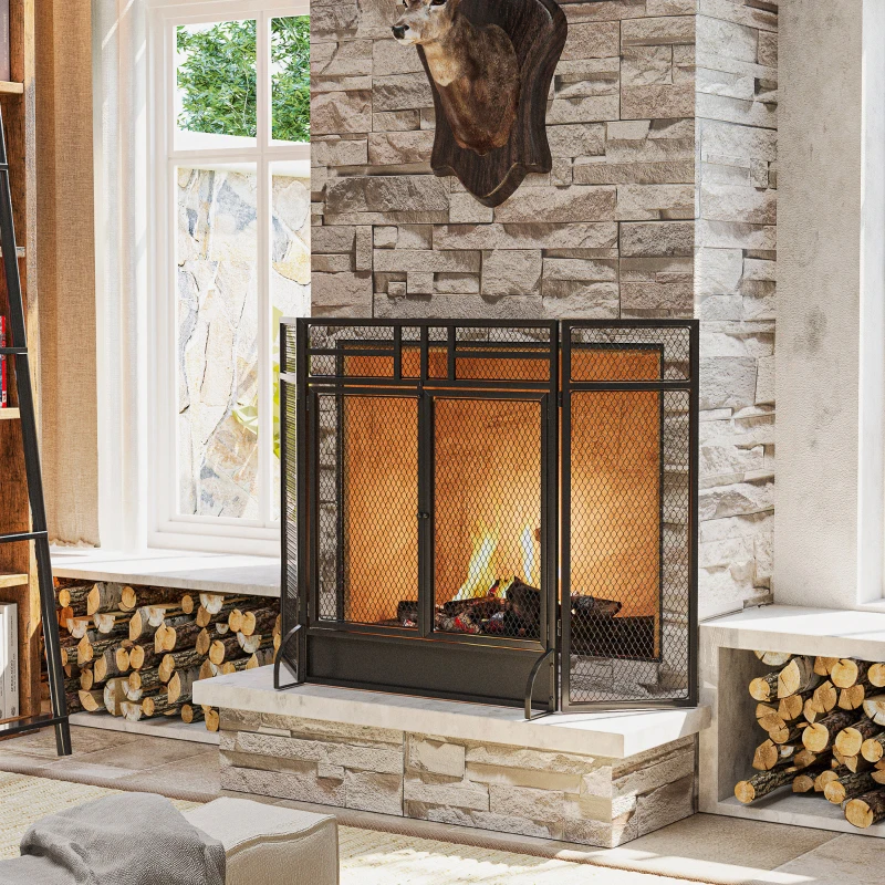 HOMCOM Pare-étincelles grille de protection pour cheminée pare-feu barrière de sécurité 3 volets pliables et porte 120 x 79 cm