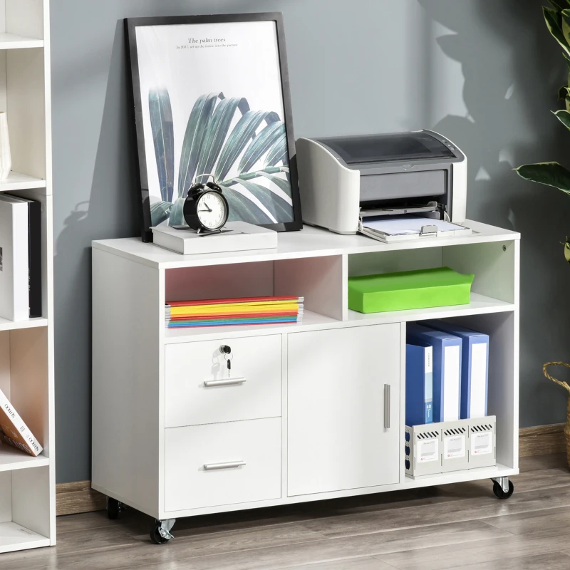 HOMCOM Support d'imprimante à 2 tiroirs meuble de rangement sur roulettes étagères ouvertes et placard, 100 x 35 x 65 cm, blanc