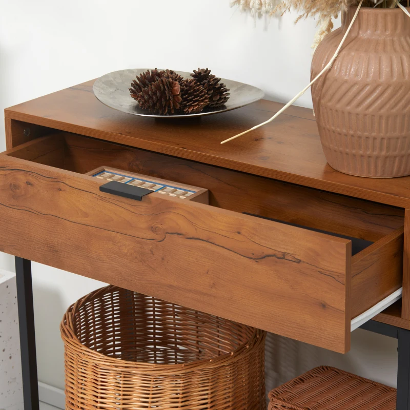 HOMCOM Consolle da Ingresso Minimal con Cassetto, in Legno e Acciaio, 80x30x76 cm, Color Legno e Nero