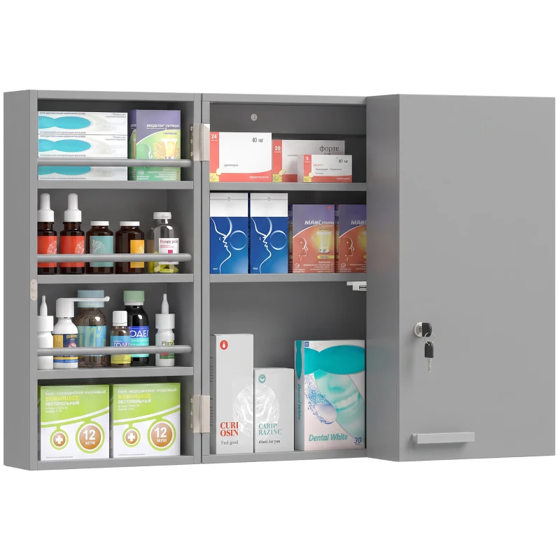 HOMCOM Dulap medical de perete cu uși duble, dulap pentru baie cu 4 rafturi, închis cu cheie, 2 chei, Gri