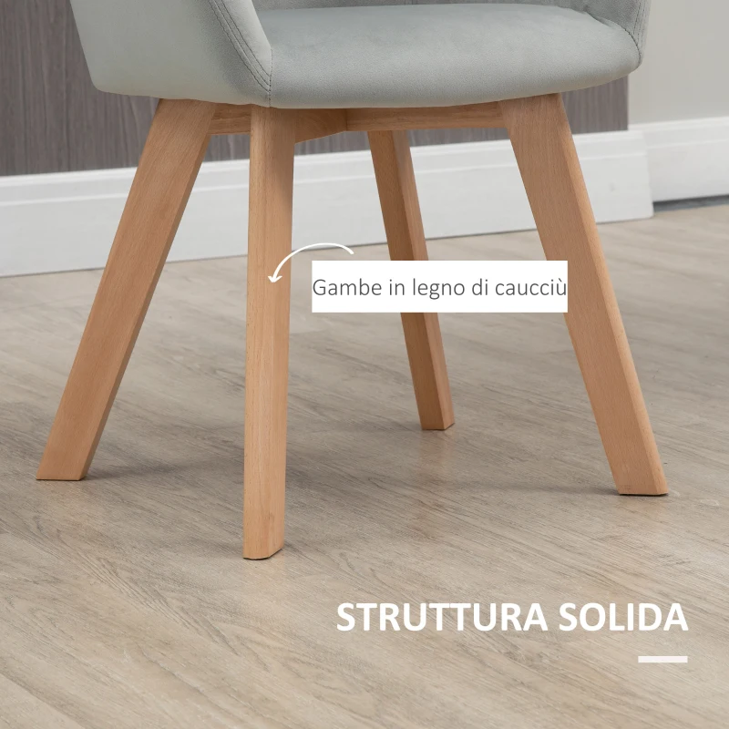HOMCOM Set 2 Sedie per Sala da Pranzo Imbottite in Velluto con Braccioli e Gambe in Legno, Grigio